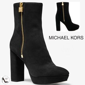 Michael Kors Frenchie Black Suede Stiletto Block Heel Platform Logo Ankle Bootie